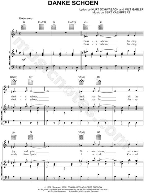 Wayne Newton "Danke Schoen" Sheet Music in G Major (transposable ...