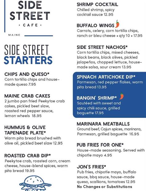 Side Street Cafe Menu, Bar Harbor, ME