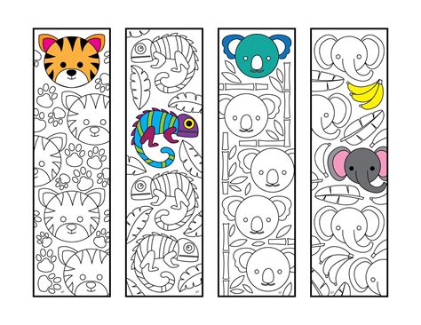 Cute Jungle Animal Bookmarks - PDF Zentangle Coloring Page - Tiger, Chameleon, Koala, Elephant ...