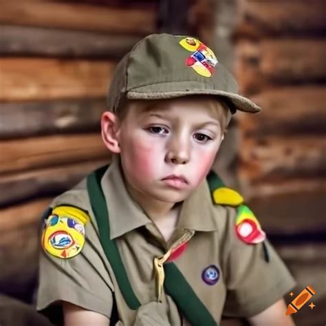 Sad boy scout inside a log cabin
