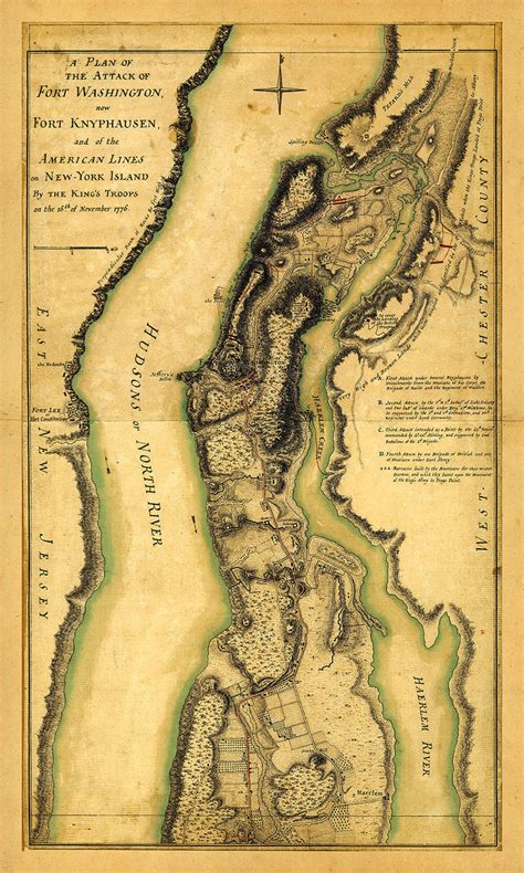 New York, 1776, Attack of Fort Washington, Revolutionary War Map