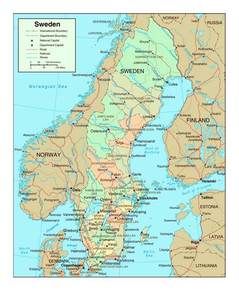 Political and administrative map of Sweden with roads and major cities ...