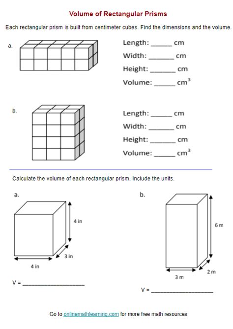 Volume of Rectangular Prism Worksheets (answers, printable, online)