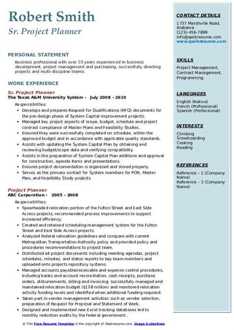 Project Planner Resume Samples | QwikResume