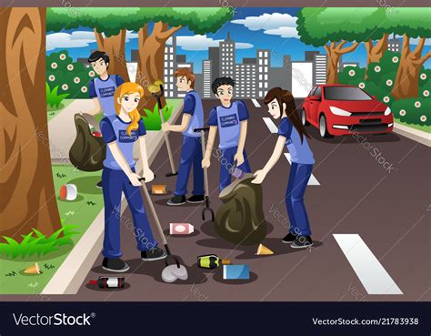 Kids volunteering by cleaning up the road Vector Image