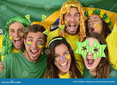 Brazilian Sport Soccer Fans Celebrating Victory Together. Stock Image ...