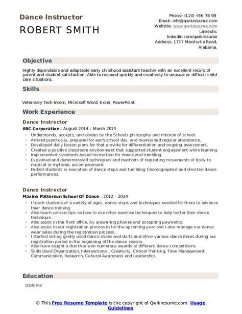 Dance Instructor Resume Samples | QwikResume