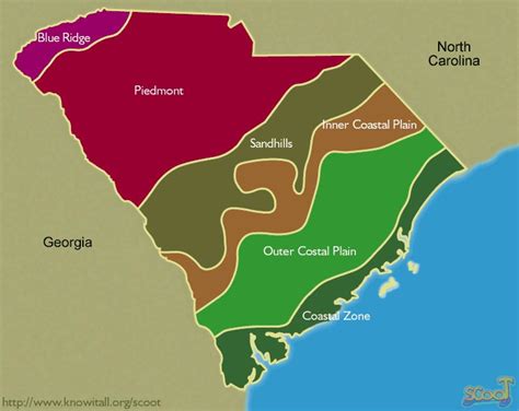 The six land-form regions in South Carolina are the Blue Ridge, Piedmont, Sandhills, Inner ...