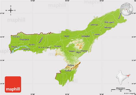 Physical Map of Assam, cropped outside