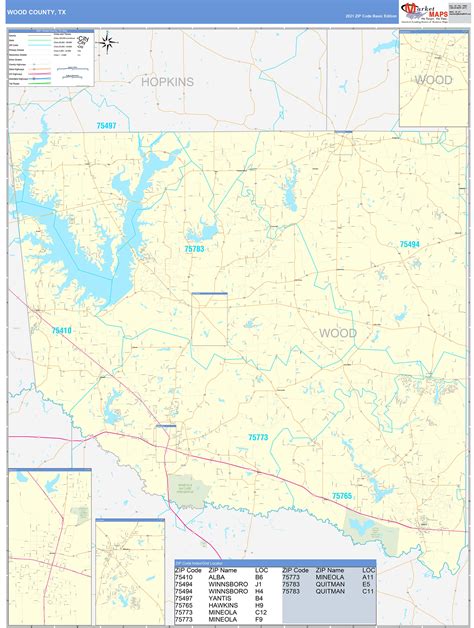 Wood County, TX Zip Code Wall Map Basic Style by MarketMAPS - MapSales