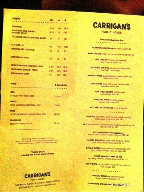 Menu of Carrigan's Public House in Birmingham, AL 35203