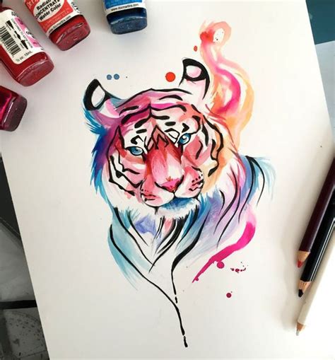 Rainbow watercolor tiger portrait tattoo design - Tattooimages.biz