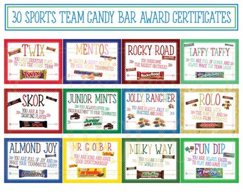 30 Sports Team Candy Bar Award Certificates Sports Players - Etsy