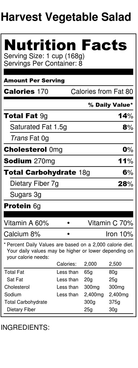 Harvest Vegetable Salad - Nutrition Label (1) - Snap