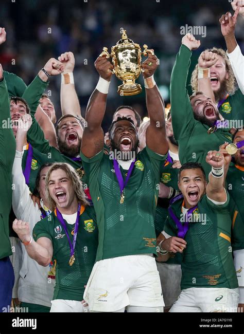 South Africa's Siya Kolisi lifts the Webb Ellis cup after South After win the 2019 Rugby World ...