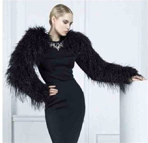 dress fur sleeves dress black classic couture ostrich feathers dress ...