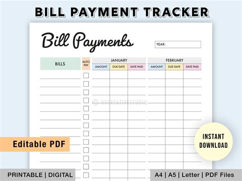 Editable Monthly Bill Tracker Yearly Bill Planner Monthly - Etsy