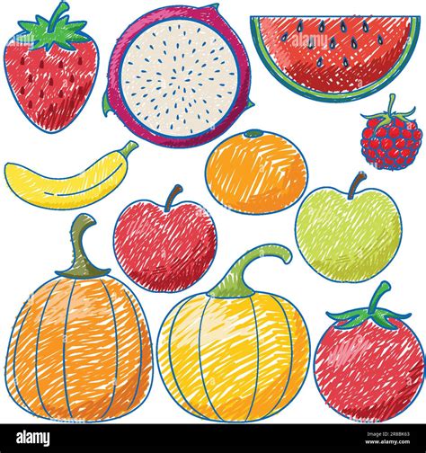 Fruits and vegetables in Pencil Colour Sketch Simple Style illustration ...