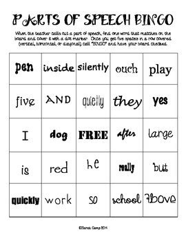 Parts of Speech BINGO by Mrs Camps Campground | Teachers Pay Teachers