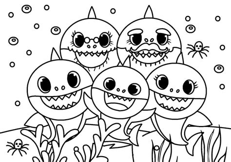 Familia de Tiburones Bebés con Peces Nadando para colorear, imprimir e dibujar –ColoringOnly.Com