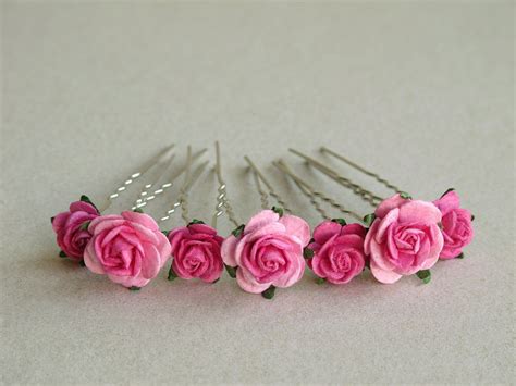 Hot Pink Flower Hair Pins Set of 7 Made of mulberry paper