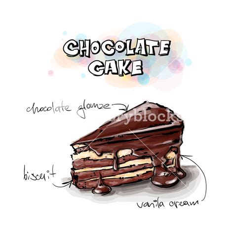 Slice Of Chocolate Cake. Sketch + Watercolor Style. Vector Illustration ...