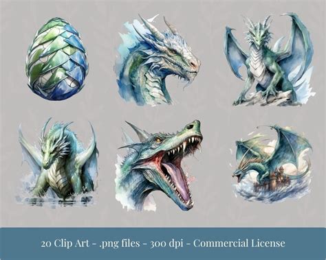 20 Water Blue Dragon Clip Art, Fantasy Clipart, Watercolor Dragon ...