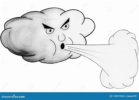 Drawing of a Cloud with Face Blowing a Wind Stock Illustration ...