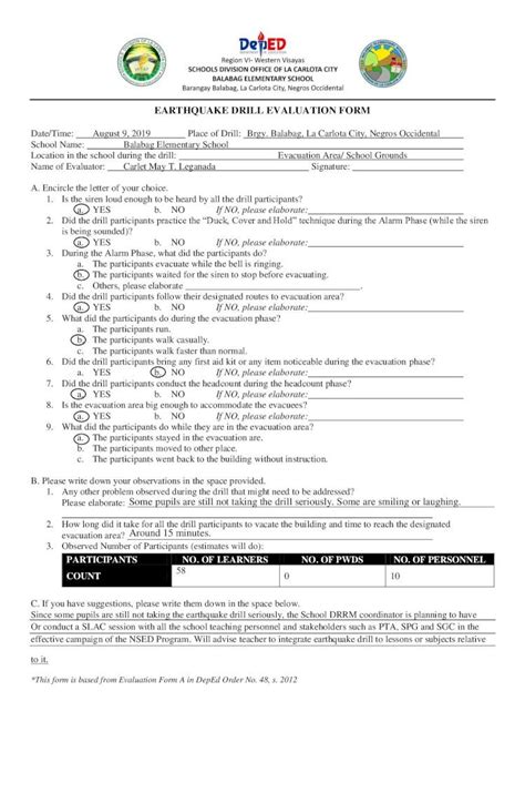 (PDF) EARTHQUAKE DRILL EVALUATION FORM...II. NARRATIVE REPORT/ EXECUTIVE SUMMARY: The 3rd ...