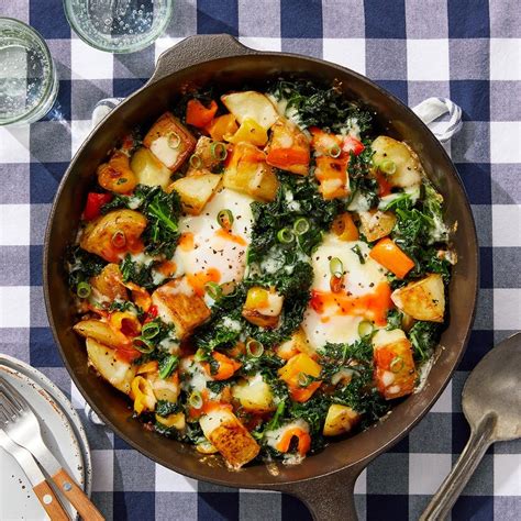 Recipe: Potato Hash & Eggs with Kale, Bell Pepper & Hot Sauce - Blue Apron