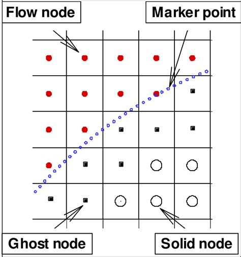 Marker points, flow nodes, ghost nodes and solid nodes in a Cartesian ...