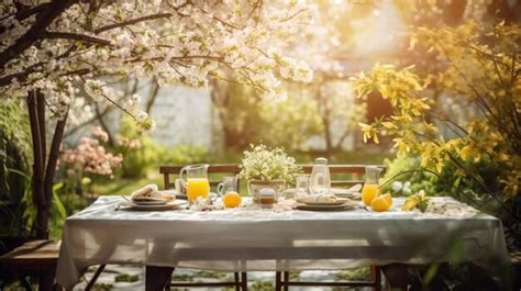 Premium AI Image | Serene Ambiance Spring Table with Blooming Trees in ...