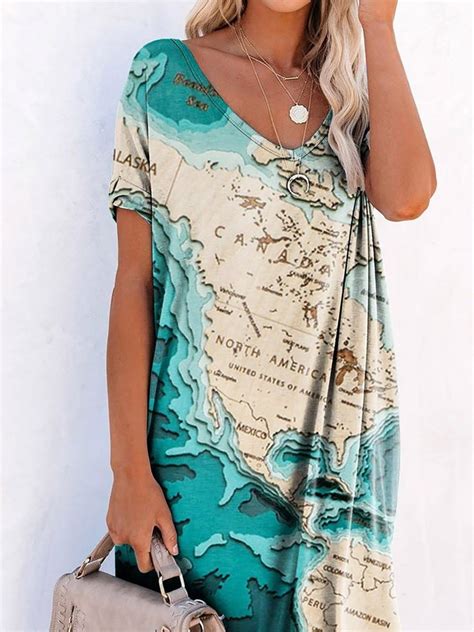 World Map Printing Short Sleeve Maxi Dresses | Clothing | Short Sleeve ...