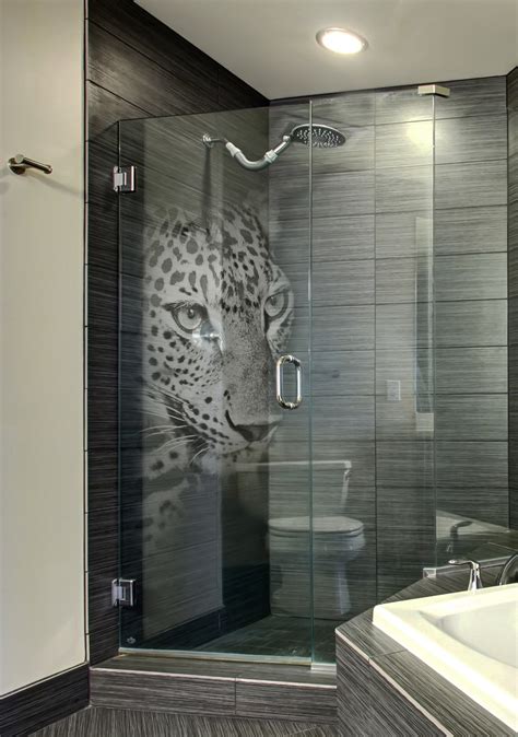 Custom Etched Glass Shower Door With 'Panther' 3d Laser Design by Glassarium | CustomMade.com