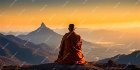 Premium AI Image | A monk meditating in front of a mountain range at ...