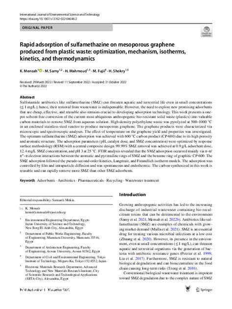 (PDF) Rapid adsorption of sulfamethazine on mesoporous graphene produced from plastic waste ...