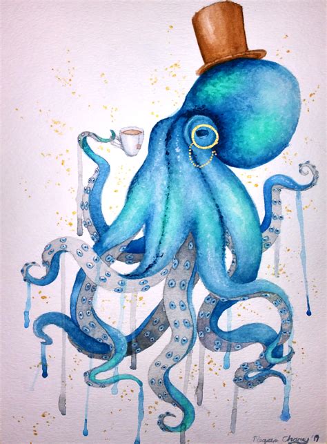 Steampunk Octopus in watercolor | Octopus painting, Octopus drawing ...