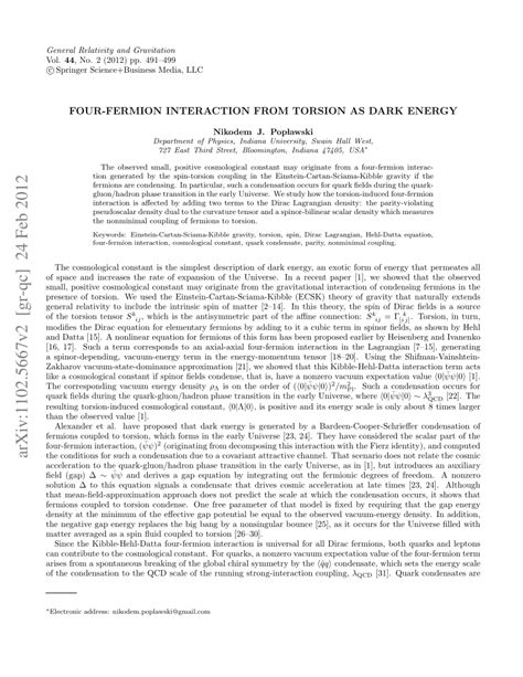 (PDF) Four-fermion interaction from torsion as dark energy