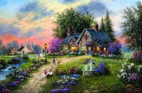 ArchitectureIMG.com - Stoney Brooke Cottage Scenery Painting Tudor Art Artwork Landscape Wide ...