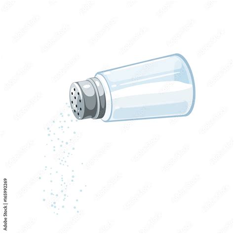 Transparent salt shaker with metal lid, pouring salt. Vector illustration cartoon flat icon ...