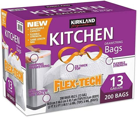 Kirkland Signature Expect More Flex-Tech 13 Gallon Kitchen Trash Bags, 200-count Kitchen Bag ...