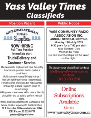 Classifieds- 14th of July edition | Yass Valley Times