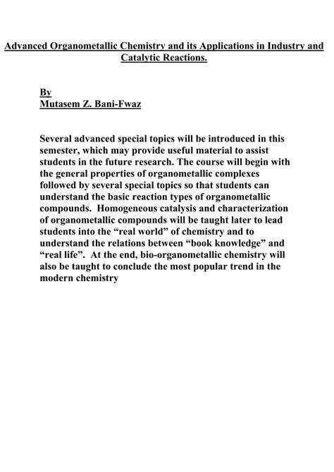 (PDF) Advanced Organometallic Chemistry and its Applications in Industry and Catalytic Reactions