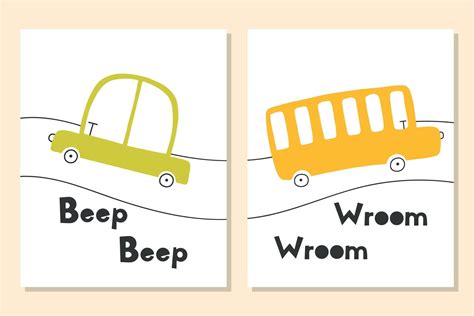 Set of kids posters with cars. Cute posters for a childrens room with a typewriter and a road ...