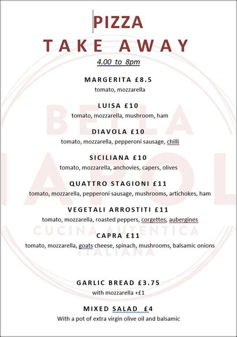 Menu at Bella Napoli restaurant, Brighton, 19 The Waterfront