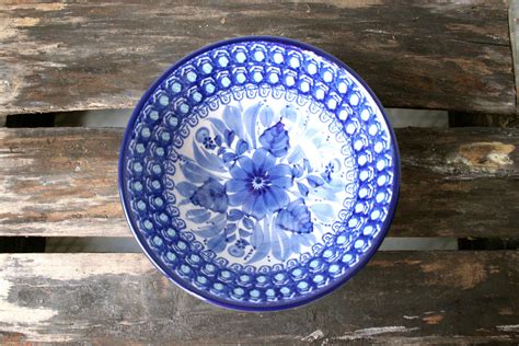 Unikat 214 Large Polish Pottery Blue White Floral Pattern