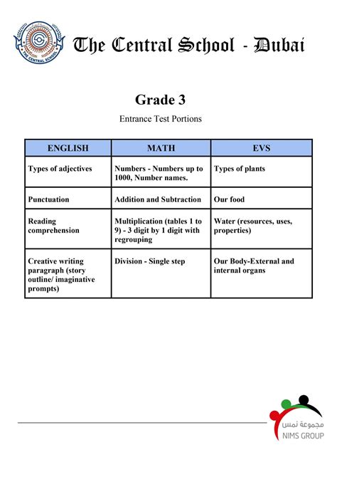 Entrance Test Portions | The Central School, Dubai