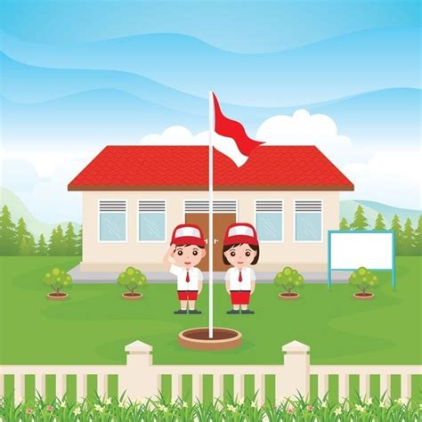 Premium Vector | Indonesian elementary school with two kids and flag in ...