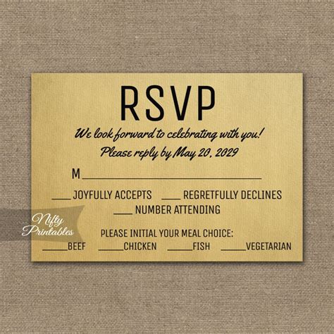 a gold foiled rsvp card with black lettering