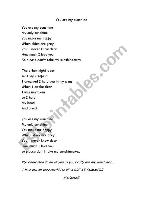 you are my sunshine lyrics - ESL worksheet by vassoula35